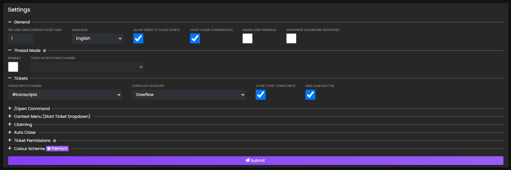 Settings page