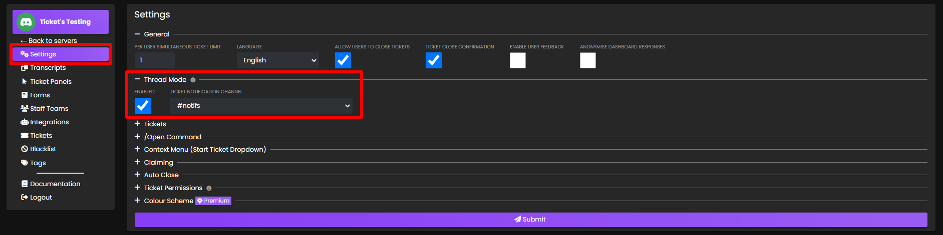 Settings page